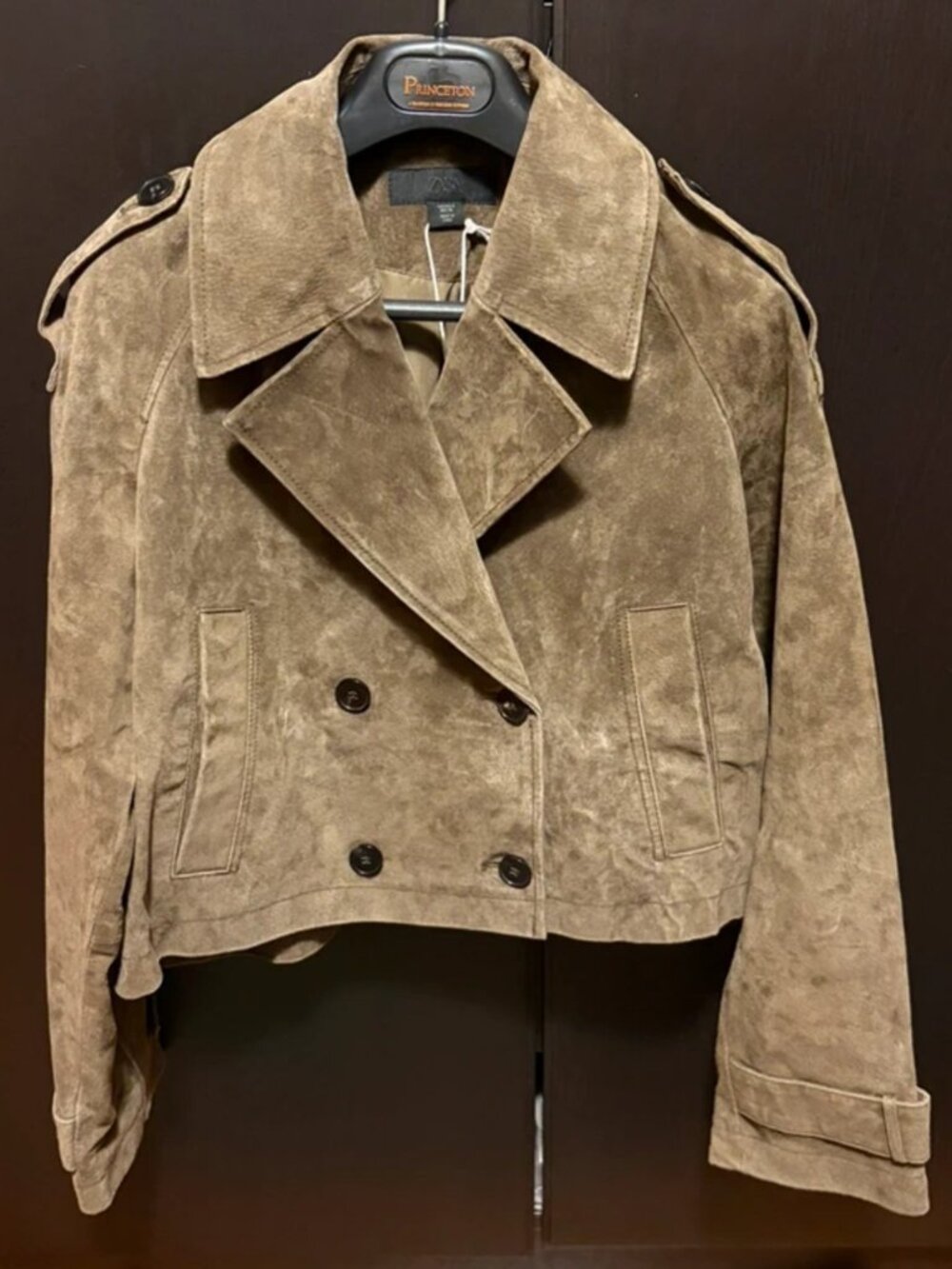 Zara Women’s Cropped Double Breasted 100% Leather Trench Coat, Dark Khaki, LARGE